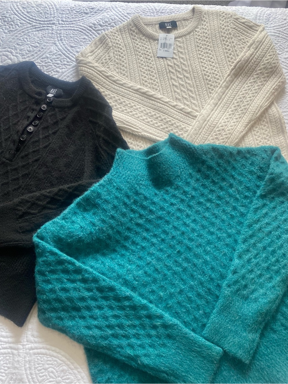 Lot of 3- Kut from the KlothTeal, Cream & Black Cable Knit Crew Sweaters - Women